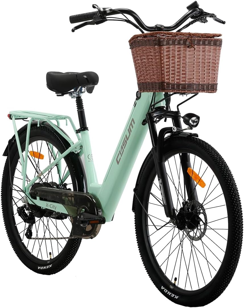 cysum Fahrrad, 26 Zoll, 10,4 Ah, 250 W, 48 V, Mintgrün/Schwarz, X-City Elektro für Erwachsene, City Elektro Damen Herren Lithium-Akku Motor 25km/h