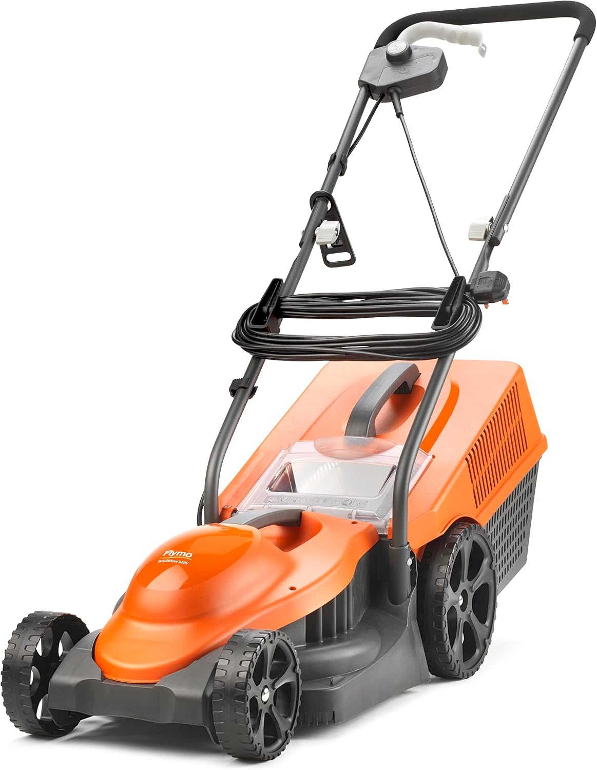 Flymo Rasenmäher, 30 Liter, 1300 W, 320 V, 32 cm, Orange/Grau, SimpliMow Elektro mit Rädern, Motor, Schnittbreite