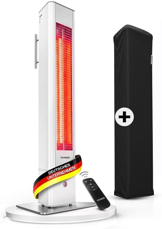VASNER Heizstrahler, Weiß/Schwarz, HeatTower weiß + AirCape schwarz, Infrarot Stand 2500 Watt mit Abdeckhaube, Terrasse