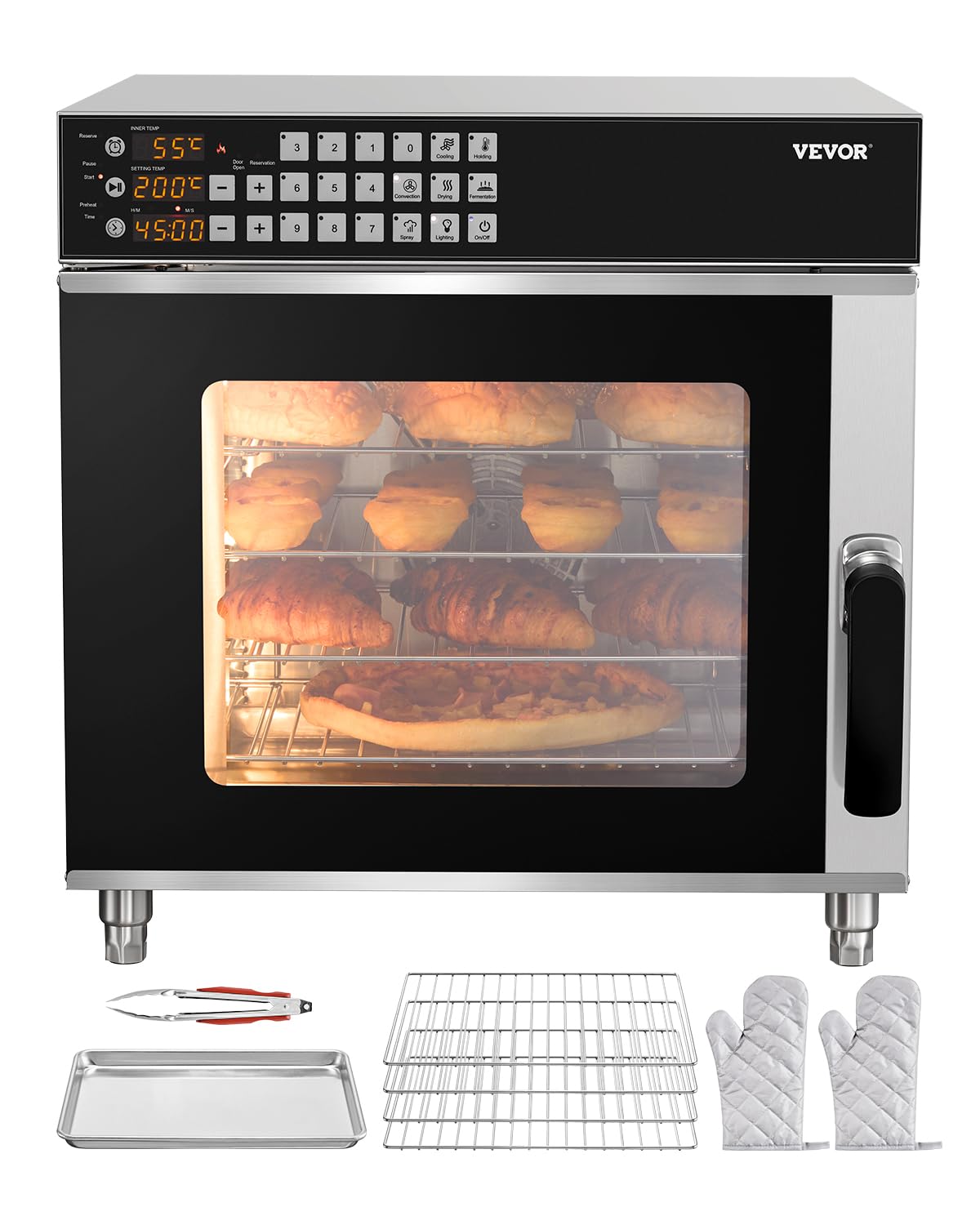 VEVOR Backofen, 2800 W, 58 L, Schwarz/Silber, kommerzieller Konvektionsofen konventioneller, elektrischer mit Drahtgitter & Klemmtablett-Handschuhen