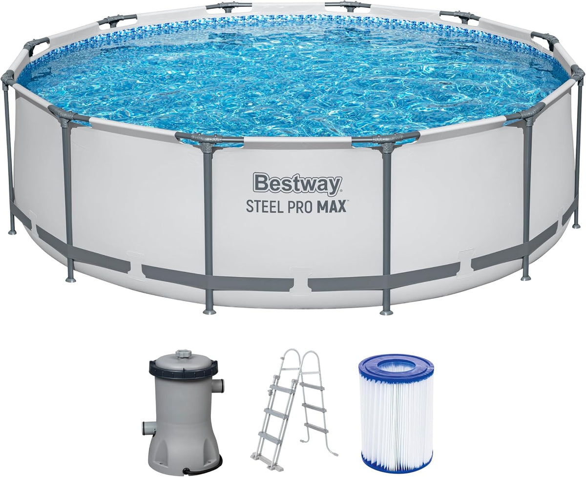 Bestway Stahlrahmenpool, 366 x 100 cm, Wasserkapazität (90%): 9.150 Liter, einfacher Aufbau ohne Werkzeug, Innenverkleidung in Kieselmosaik-Optik