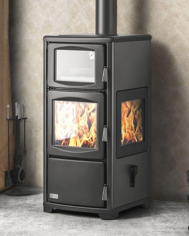 DanDiBo Kaminofen, 12 kW, Schwarz, mit Backfach Herdplatte Panoramakamin Dreiseitig Glas Teba