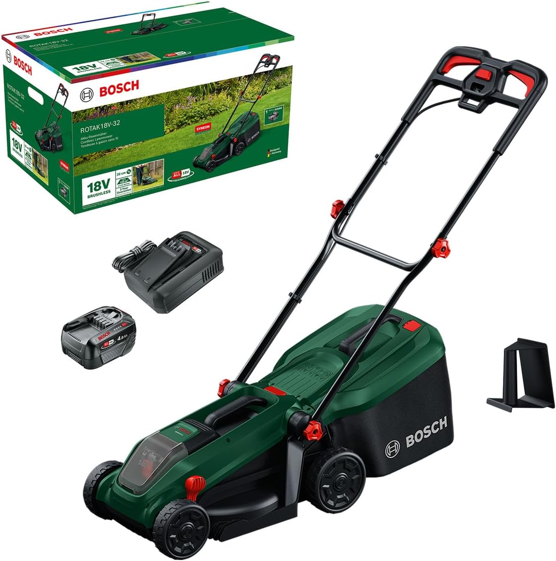 Bosch Rasenmäher, 32 cm, 65 mm, 35 l, Grün/Schwarz, Akku- ROTAK18 V-32 (Schnittbreite:, Schnitthöhe: 25-, Stoff-Grasfangkorb