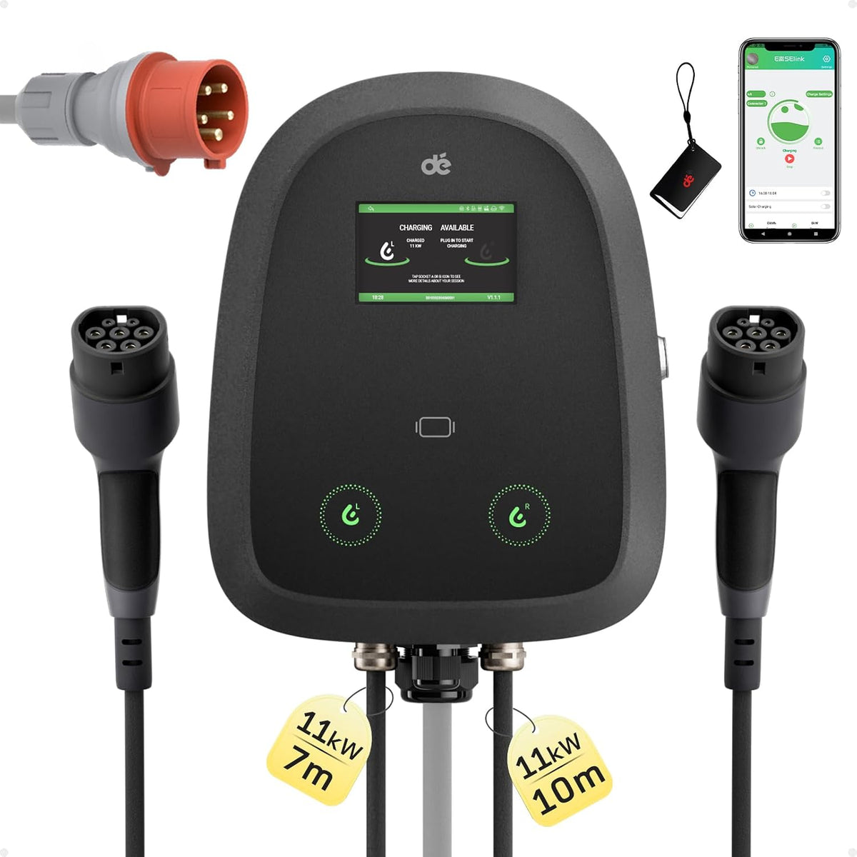 dé Ladestationen, 11 kW, 10m, 7m, Schwarz/Grau, Duo Wallbox 2× [ +, 2×16A, 3-Phasen] Wallbox mit App mit Dual Typ 2 Ladekabel