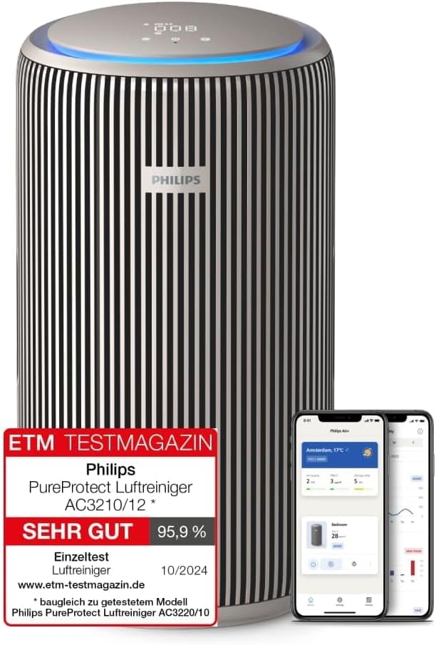 Philips Dunstabzugshaube, 500 m, 130 m, Silber/Schwarz, PureProtect 3200 Serie: Intelligenter Luftreiniger, HEPA- und Aktivkohlefilter