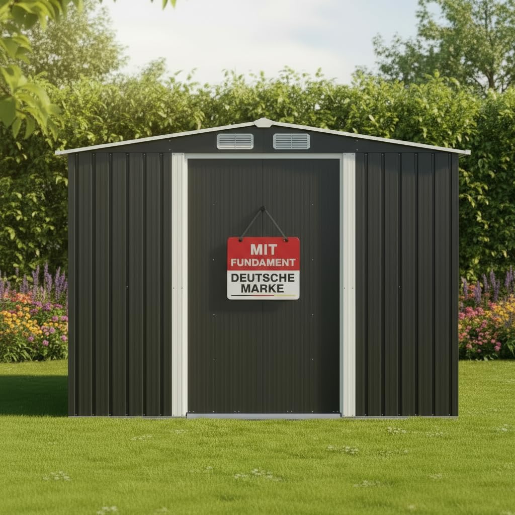 Gerätehaus Onbest, Anthrazit, Premium Metall mit Fundament & Schiebetür, Geräteschuppen Gartenhaus Metall in, 3 Größen zur Wahl (8m2)