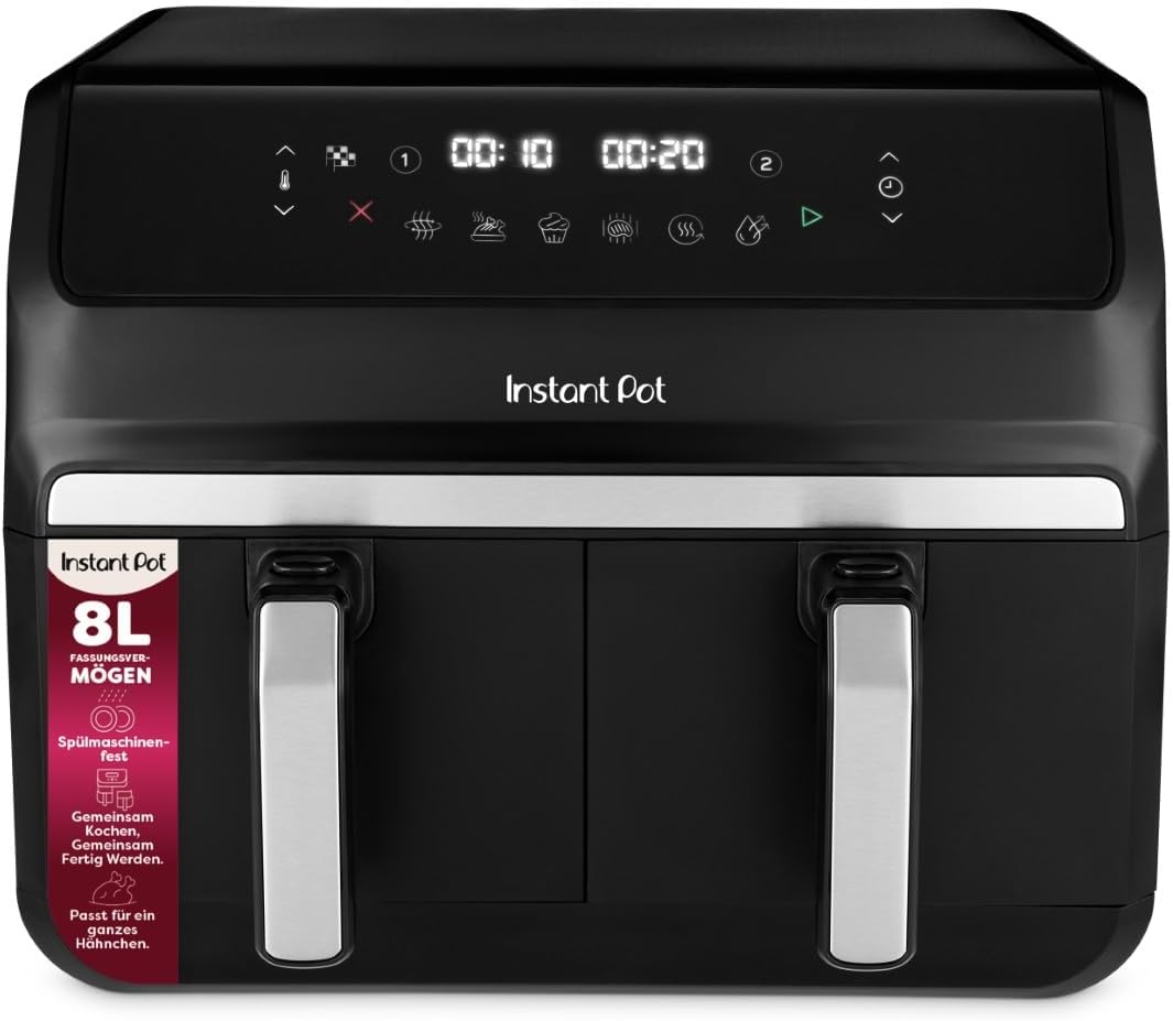 Instant Pot Heissluftfritteuse, 8 l, Schwarz, Groß, Familiengröße, zweifach, 2 4-l-Körbe, 8 in 1, Dörren, Grillen