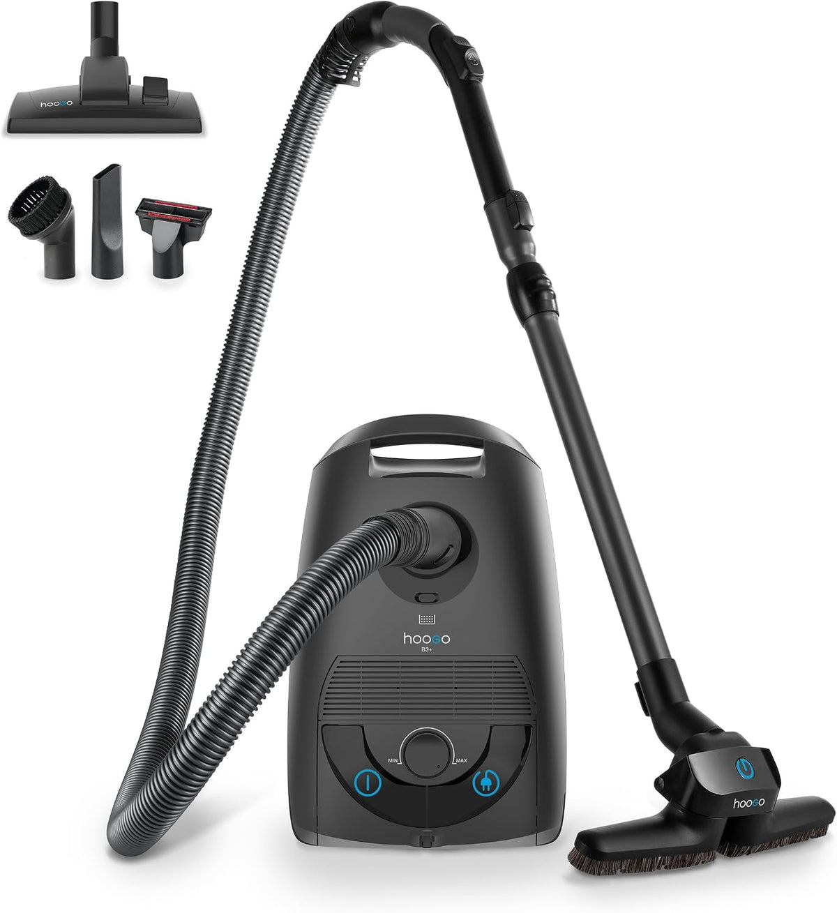 hoogo Staubsauger, 850 W, 74 dB, 3 L, Schwarz, B3+ Graphit mit Flipflop Bodendüse, mit Beutel, Starke Saugleistung
