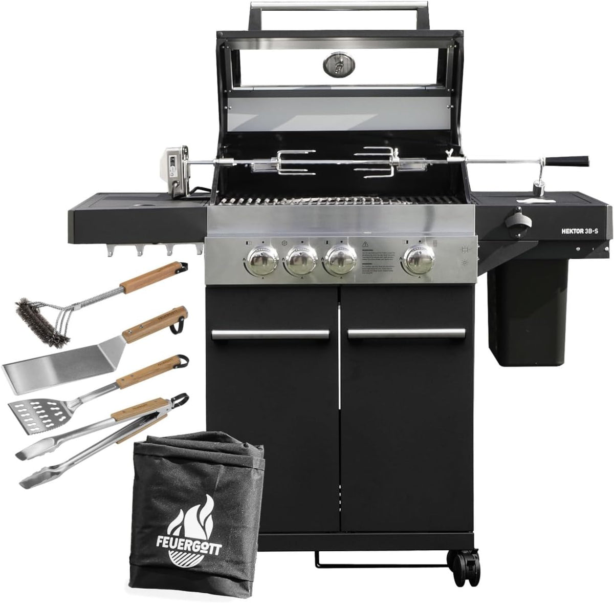 FEUERGOTT Gasgrill, Schwarz/Silber, Hektor 3B-S inkl. Drehspieß, Abdeckhaube - All Inclusive mit 4 Grill-Utensilien - 3
