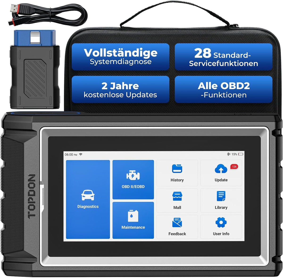 TOPDON OBD-II Diagnosewerkzeuge, Schwarz/Blau, ArtiDiag800 BT2 OBD2 Diagnosegerät mit Alle Systemdiagnosen, Bidirektionale Kontrolle/Aktive Test