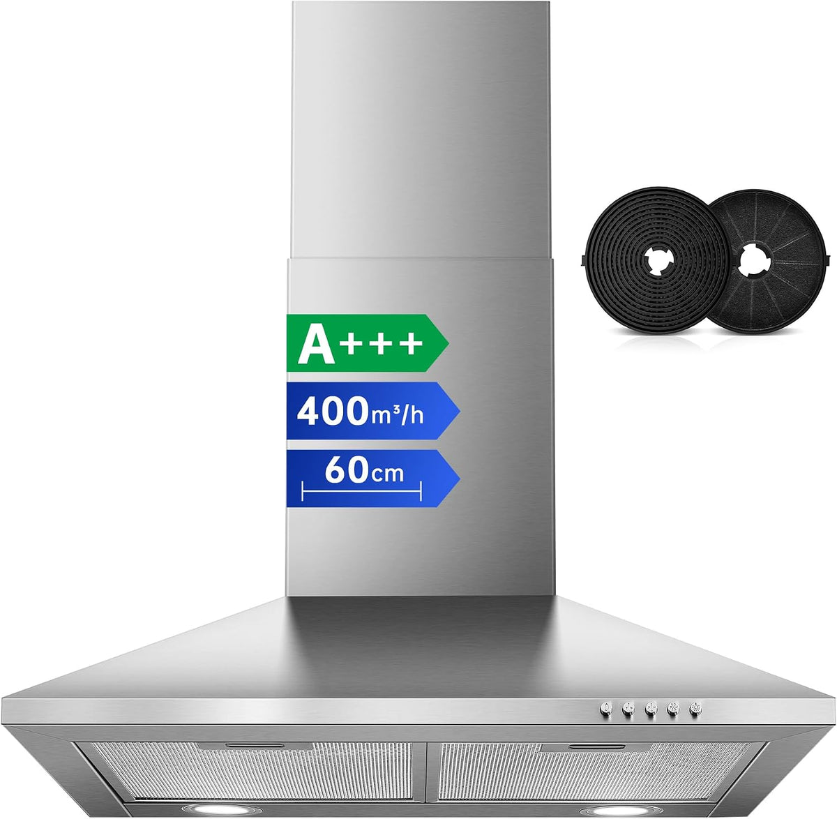 SNDOAS Dunstabzugshaube, 60 cm, 400m, Silber/Schwarz, Umluft & Abluft, ³/h Wandhaube mit Aktivkohlefilter, A+++
