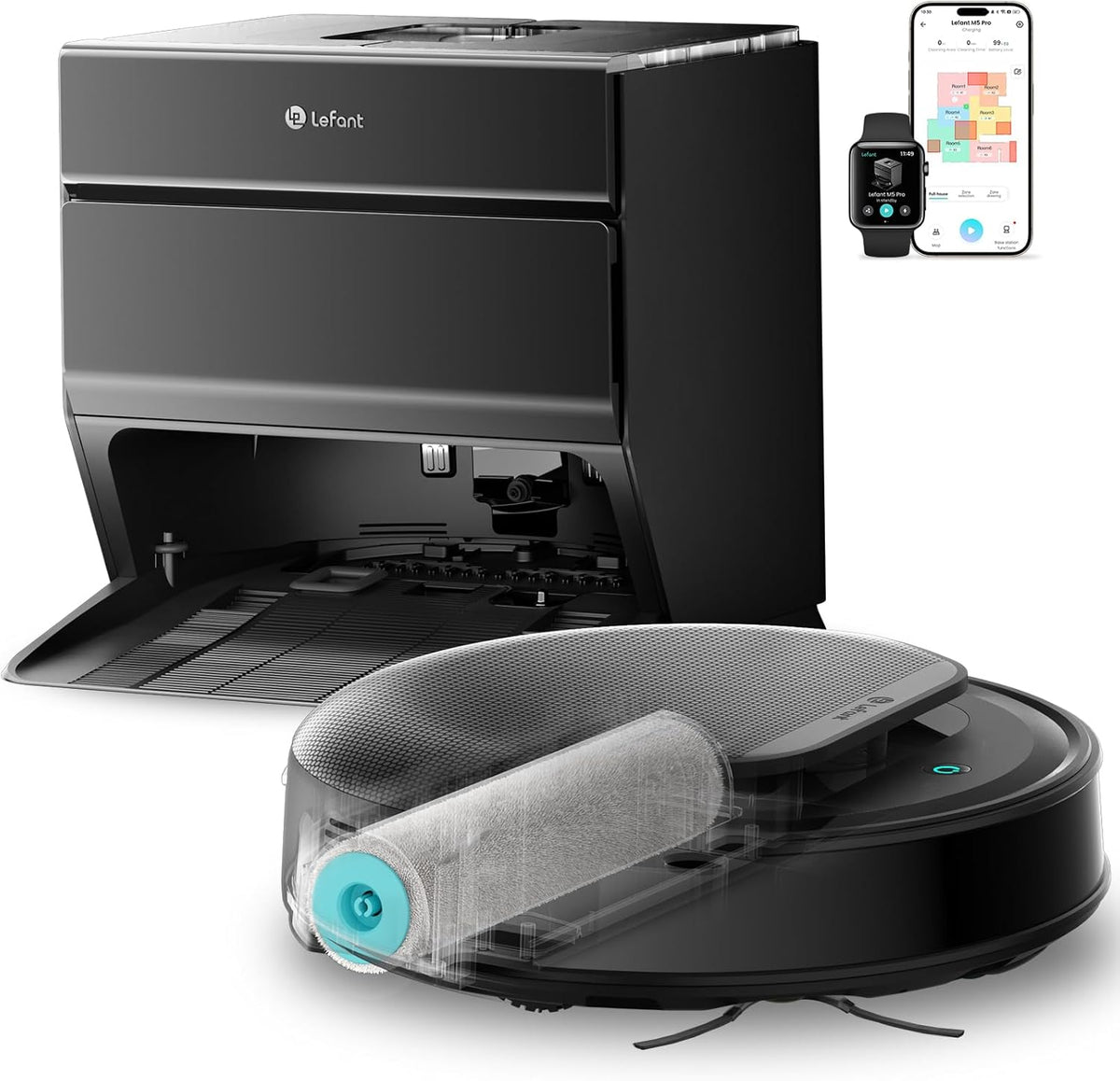 LEFANT Saugroboter, Schwarz, M5 Pro Staubsauger Roboter mit 75°C Heißwasserreinigung, All-in-One Station, mit Selbstreinigung Wischfunktion