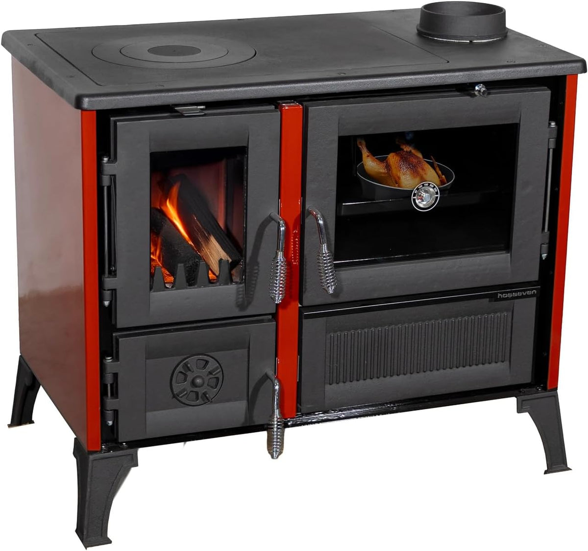 Hosseven Kaminofen, 8 kW, Rot/Schwarz, mit Backfach und Herdplatte 4013 Rot Holzofen Holz Ofen