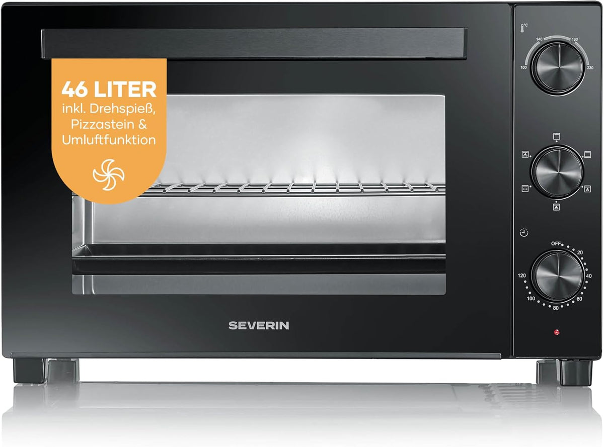 SEVERIN Backofen, 1800 W, 46 L, Schwarz, Back- und Toastofen mit Umluftfunktion, inkl. Drehspieß für Fleisch, vielseitiger Heißluftofen mit Kapazität