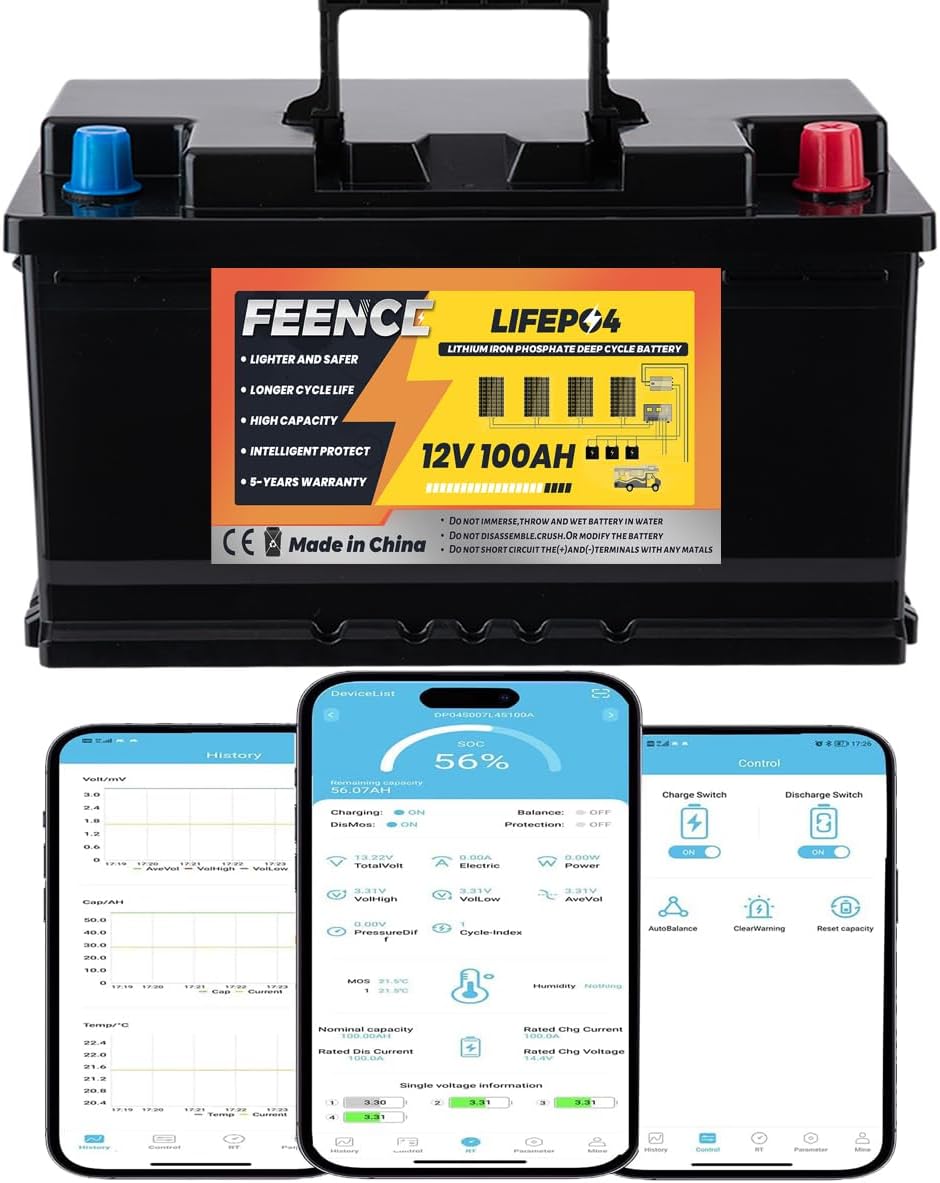 FEENCE Deep-Cycle-Batterien, 100 Ah, 12 V, Lithiumeisenphosphat, Schwarz, H188 Mini Size LiFePO4 Batterie Bluetooth
