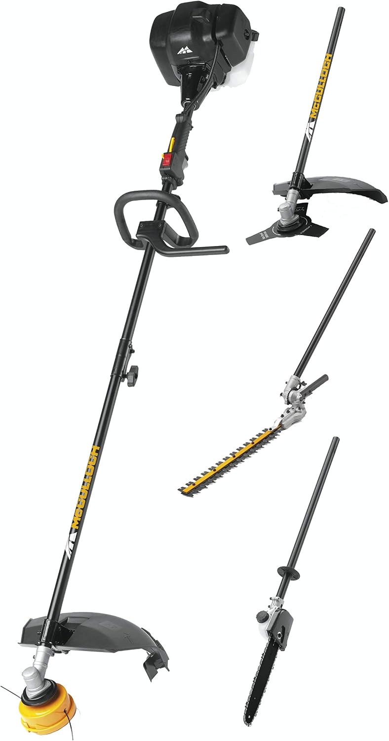 McCulloch Heckenschere, 25,5 cm, 900 W, schwarz/gelb, Freischneider B33 PS + ( 4-in-1): Gartenpflege-Set mit, geteiltes Führungsrohr