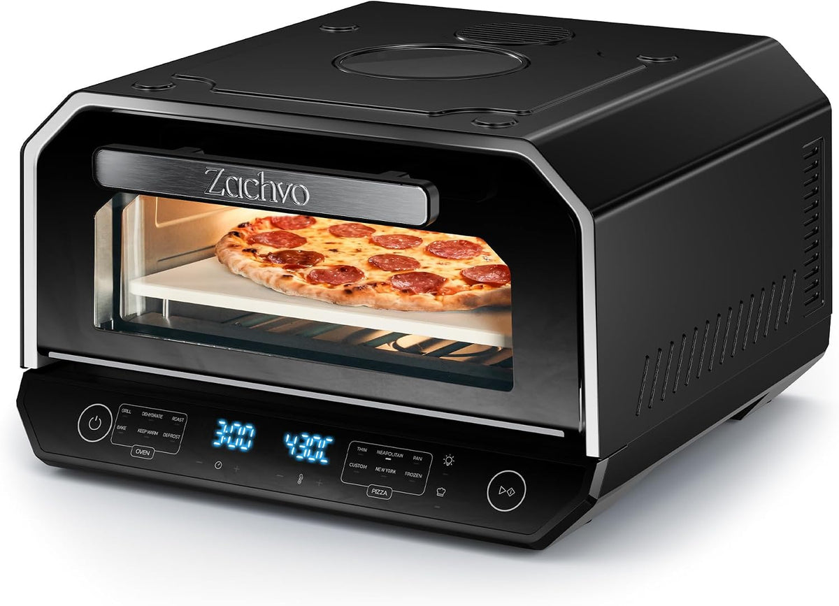 ZACHVO Pizzaofen, Schwarz, bis 450°C für 90-Sekunden-Neapolitanische Pizza, 13 Programme (6 Pizza- & 6 Kochmodi + Profi-Funktion)