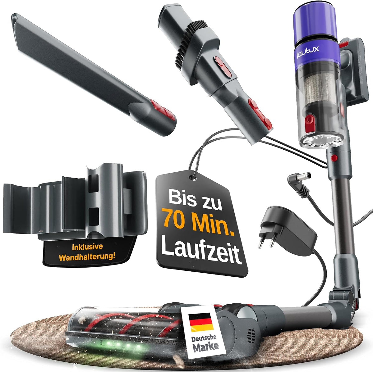 lautux Staubsauger, schwarz/rot/lila, Clenza Pro, Kabelloser Akku- 36 kPa mit 3 Saugmodi, 70 Min Akku, starker Saugleistung