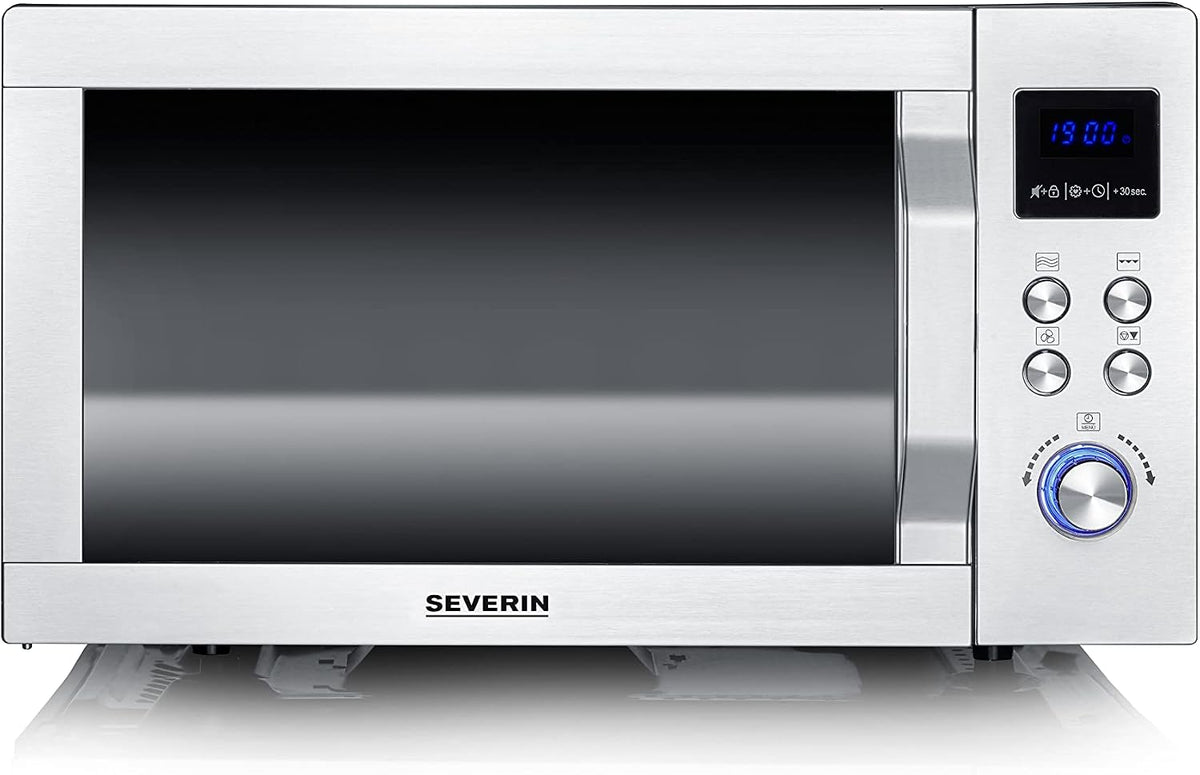 SEVERIN Mikrowelle, Schwarz/Edelstahl, 3-in-1 mit Glasboden, Grill und Heißluftfunktion, mit großer Nutzfläche für eckiges Geschirr