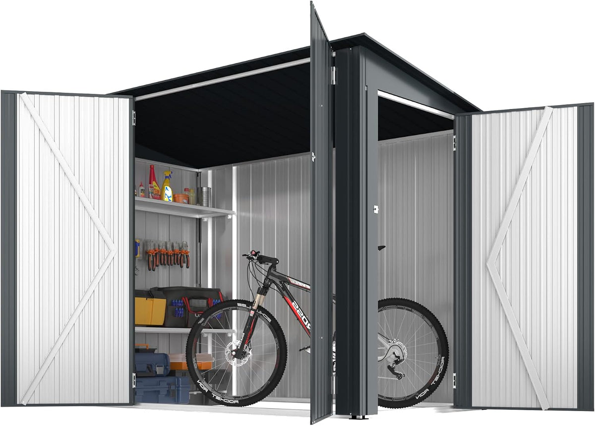 Gerätehaus YODOLLA, 238x118x170 cm, Grau, Fahrradschuppen 3 Türen mit Schloss, Metall abschließbares Geräteschuppen
