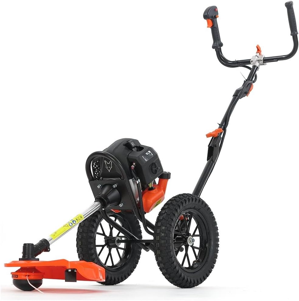 Fuxtec Rasentrimmer, Schwarz/Orange, Benzin Motorsense auf Rädern FX-FSR152 mit 52 cc, großen Lufträdern und 3 PS Leistung Trimmer Freischneider