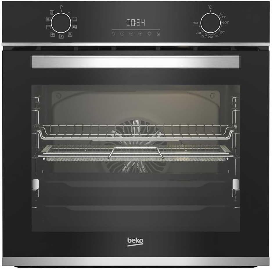 Beko Backofen, 3300 W, 72 L, Schwarz/Edelstahl, Schwarz mit Edelstahl-Finish, Umluftofen, Einbau, Kindersicherung