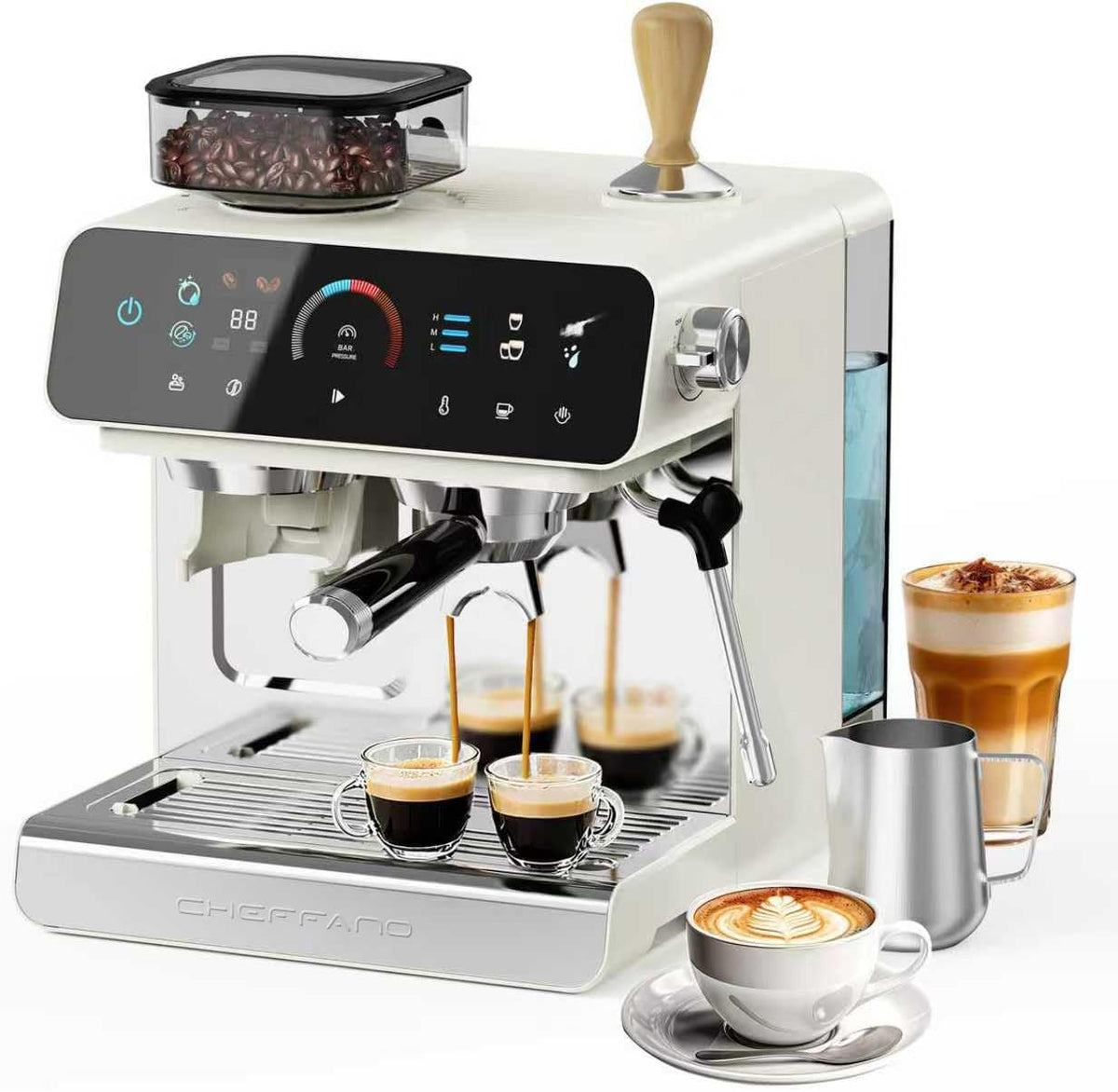 CHEFFANO Kaffeemaschine, 20 Bar, Weiß/Schwarz, Professionelle Siebträger Espressomaschine mit integrierter, Druck