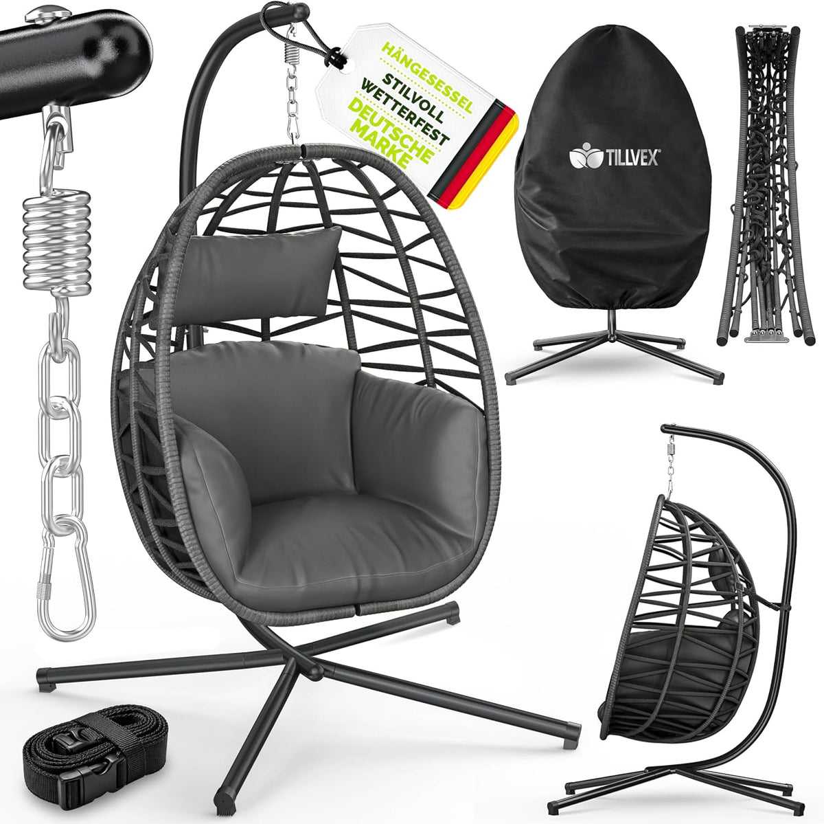 tillvex Hängesessel, 150 kg, Anthrazit, ® mit Gestell Outdoor & wetterfester Abdeckung inkl., Hängekorb klappbar bis