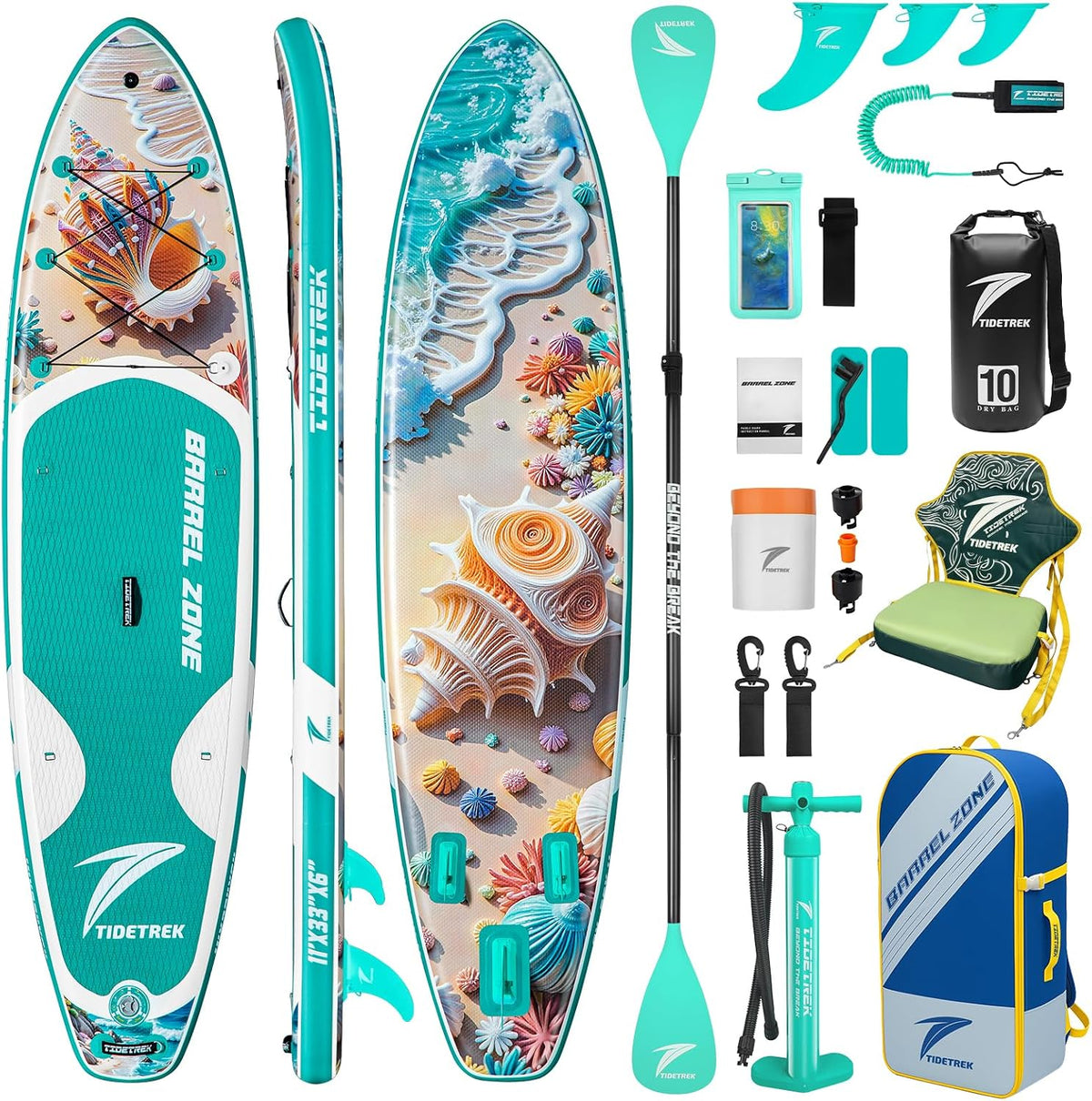 TIDETREK SUP-Board, 15.2 cm, 83.8 cm, 86.4 cm, Türkis/Mehrfarbig, 11'/11' x / x aufblasbares SUP Paddle Board - Extra breites