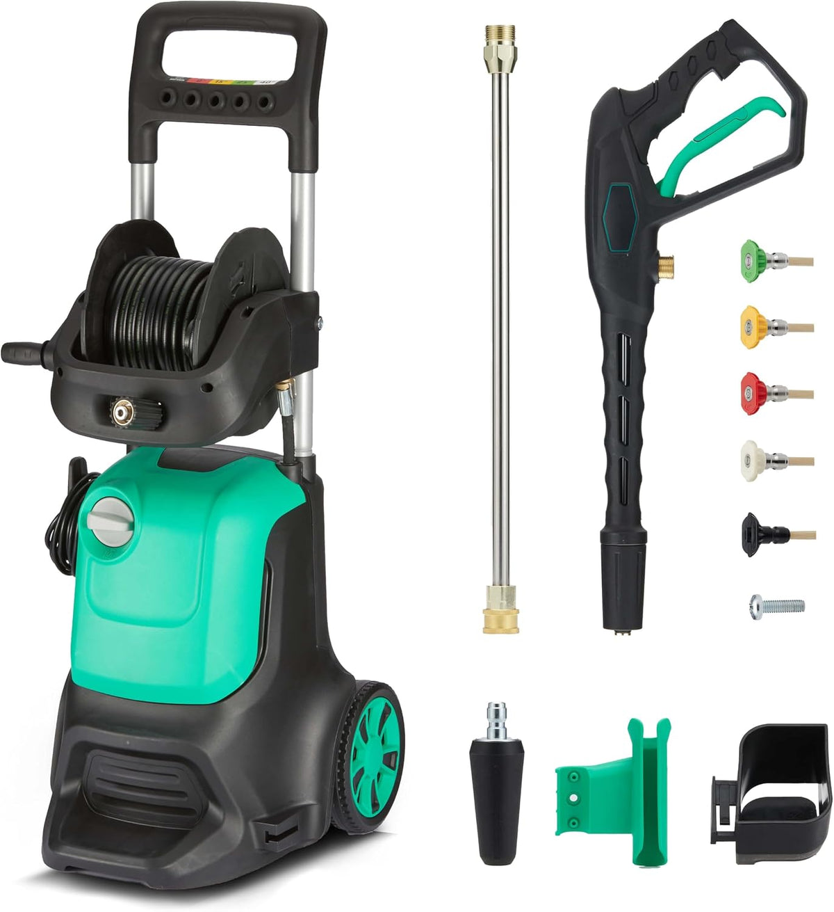 Amazon Basics Hochdruckreiniger, 145 bar, 2200 W, 500 l, Schwarz/Grün, mit Kabel, max., max Durchflussmenge: /h
