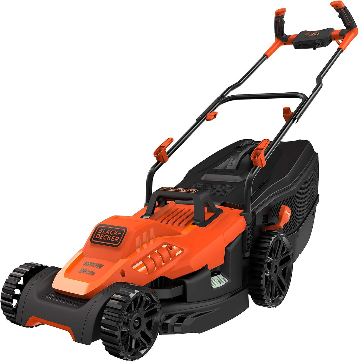 BLACK+DECKER Rasenmäher, 1.600 W, 38 cm, 45l, Orange/Schwarz, Elektro- mit Fahrradlenker-Griff (, Schnittbreite, 6-Fach Höhenverstellung