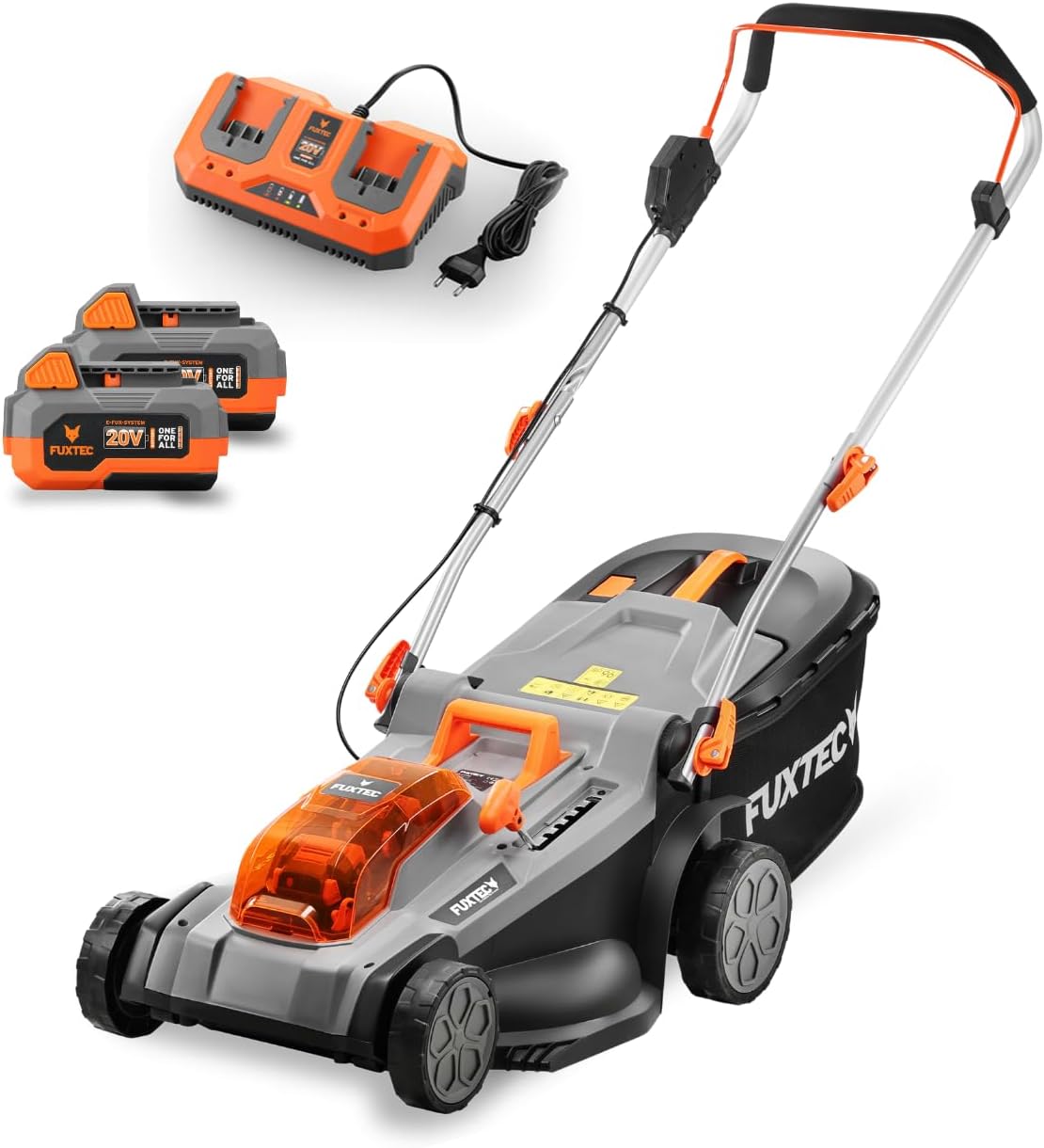 Fuxtec Rasenmäher, 37 cm, 40 V, Grau/Schwarz/Orange, Akku (2x20 V) E2RM37- Schnittbreite, Variable Schnitthöhe, Elektro