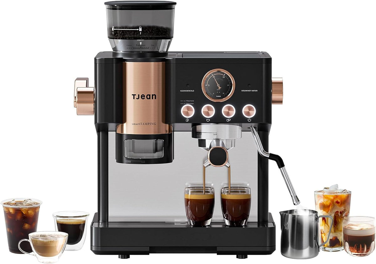 Tjean Kaffeemaschine, 20 Bar, 2300 W, 2,8 L, Schwarz/Kupfer, Barista Senso Doppelboiler Siebträgermaschine mit Mahlwerk