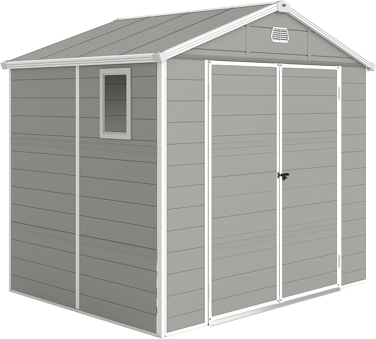 Outsunny Gerätehaus, 240 x 190 x 228 cm, 4,1m, Hellgrau/Weiß, Geräteschuppen mit Satteldach, Kunststoff Gartenchuppen mit Abschließbar Tür