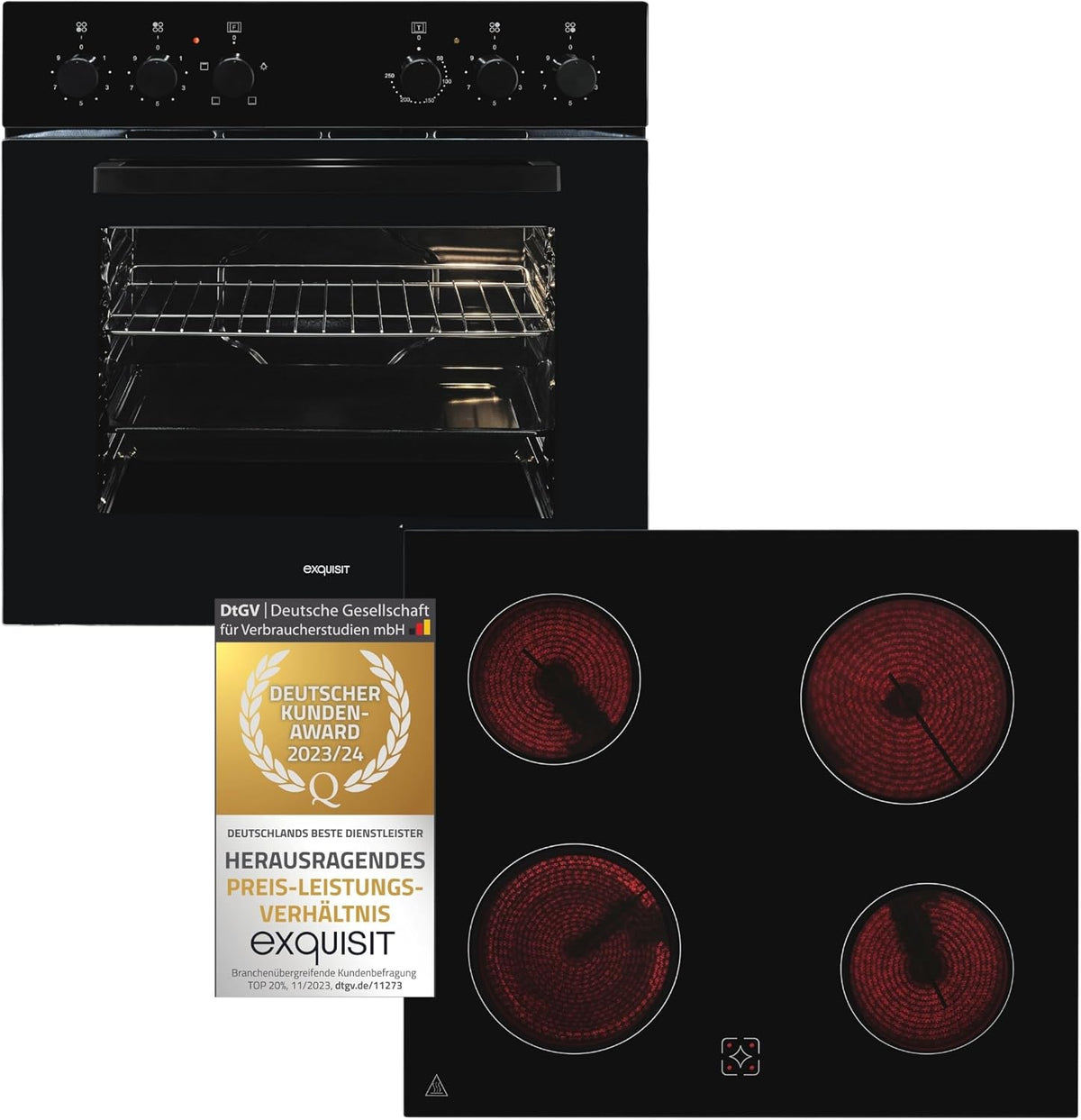 Exquisit Kochfeld, 59,0 l, 60 cm, Schwarz, Herd-Set EHE246-020-Set, Energieeffizienzklasse A, Garraum, Glaskeramik