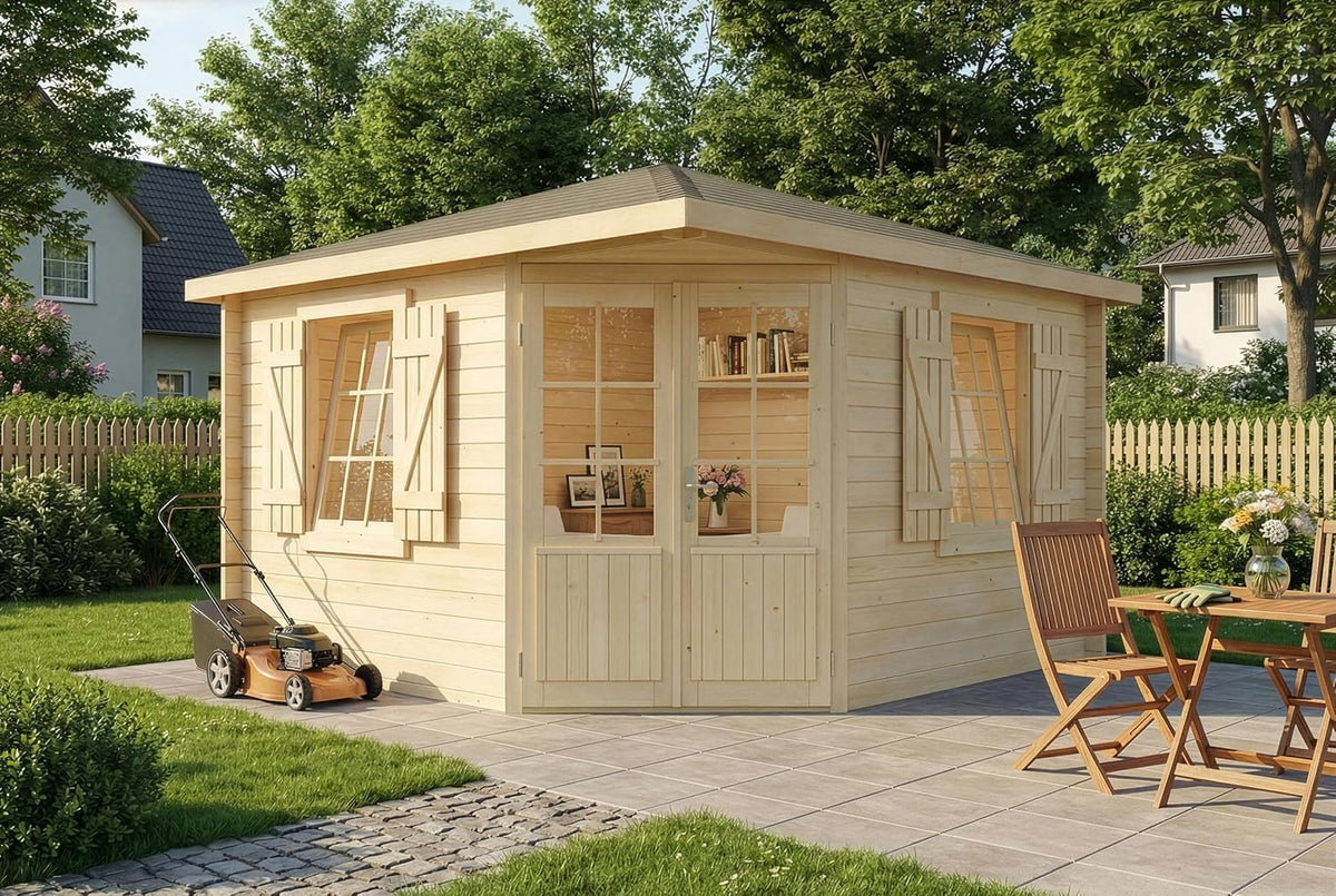 Alpholz Gerätehaus, 350 x 350 cm, 28 mm, Holz, 5-Eck Gartenhaus Monica Royal aus Massiv-, mit Wandstärke, Garten haus inklusive Montagematerial