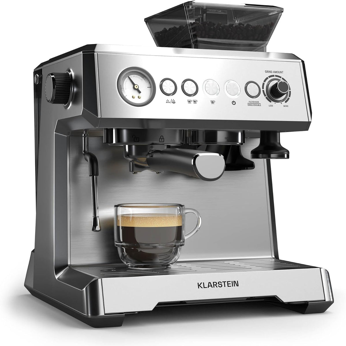 Klarstein Kaffeemaschine, 1.350 W, 20 Bar, Silber/Schwarz, GrandPresso Siebträgermaschine Mit Mahlwerk, Integriertes Präzisionsmahlwerk