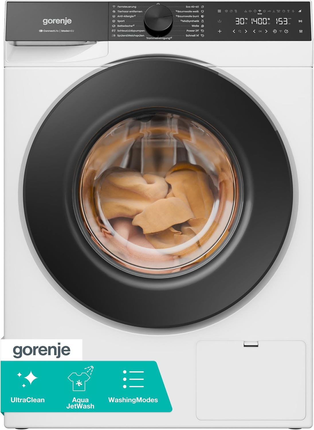 Gorenje Waschmaschine, 9 KG, Weiß/Schwarz, W5G694A1T1 mit Dampffunktion/ /1400 U-Min/ConnectLife/15