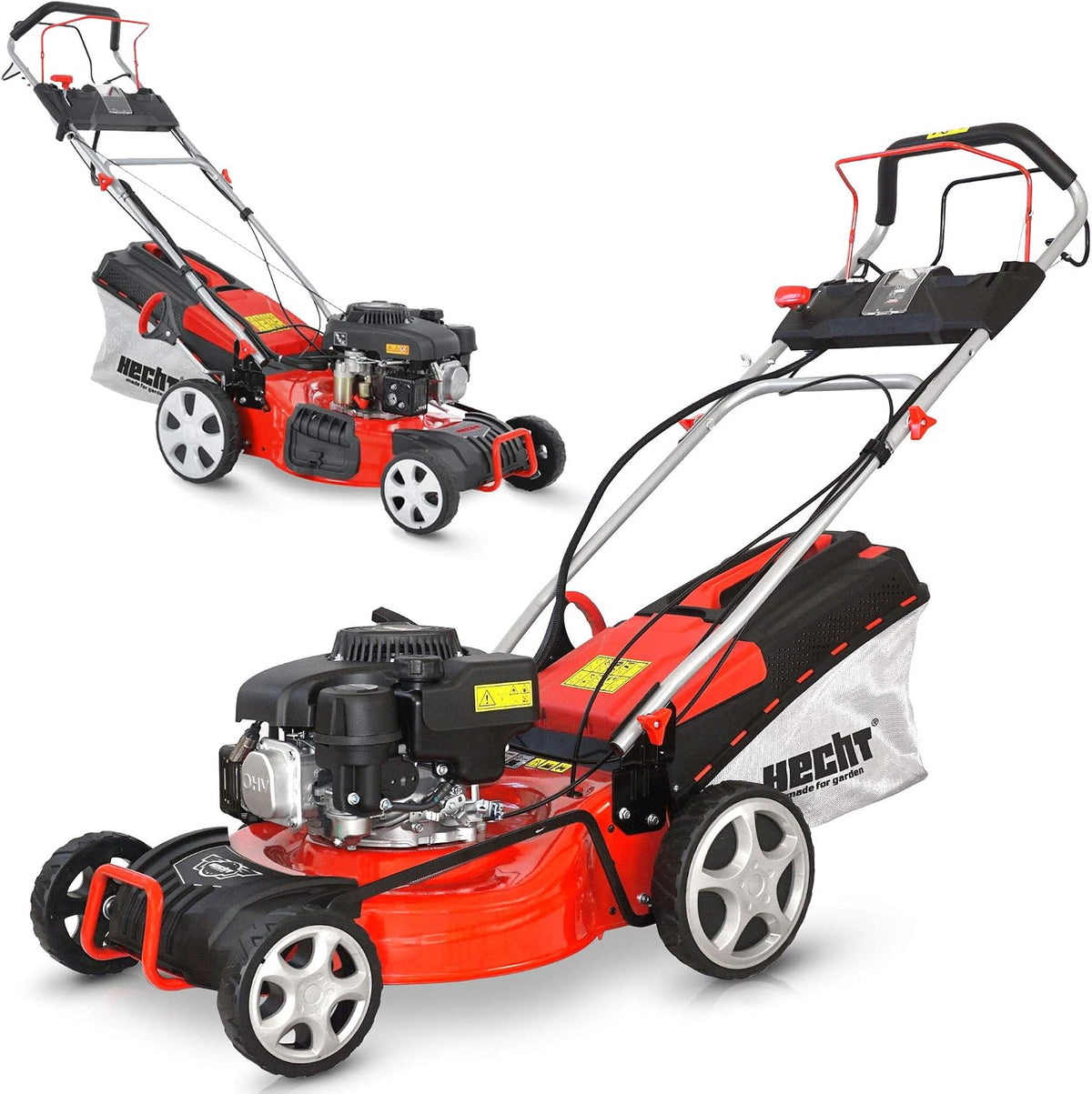 Hecht Rasenmäher, 46 cm, 1200m, rot/schwarz, 5-IN-1 Benzin, leistungsstarker 4 Takt Eco Motor - Mit Radantrieb