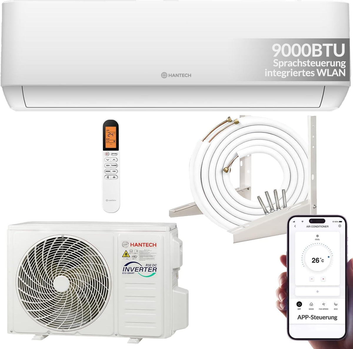 HANTECH Split-Klimaanlage, 30m, Weiß, Split Klimaanlage 9000 BTU (bis ²) H-PRO Heiz-&Kühlfunktion, Luftfilter, WIFI