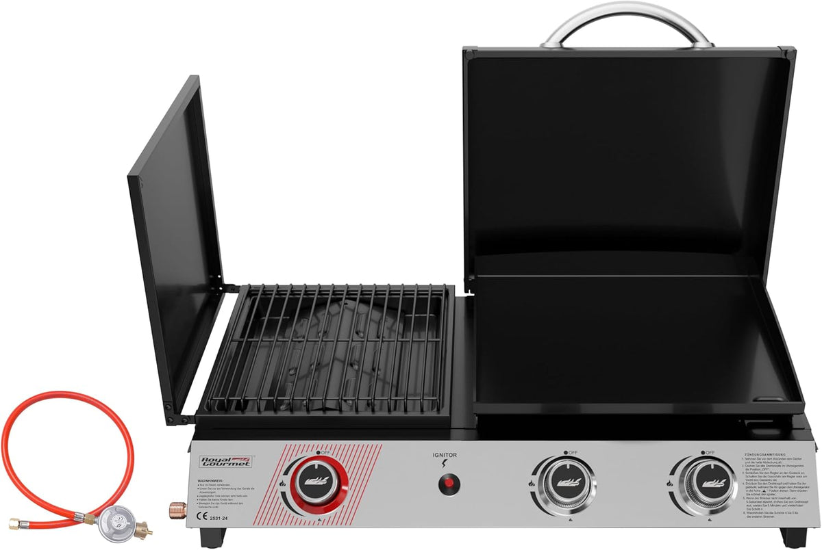 Royal Gourmet Gasgrill, 8,5 kW, Schwarz, 3 Brenner, 3 in 1 Tischgrill mit Grillen, Braten, Kochen, Campinggrill mit Klappbare Seitenablage
