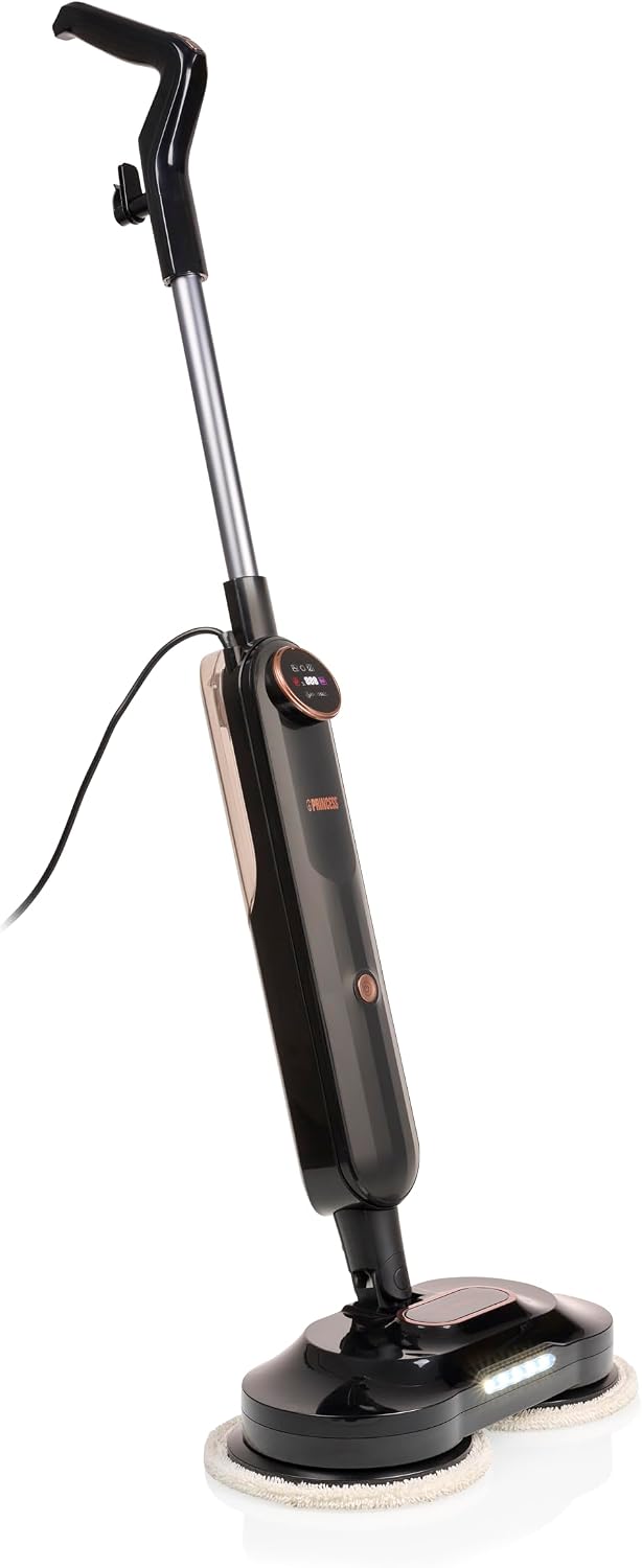 Princess Dampfbesen, Schwarz/Silber, SteamMotion Plus Dampfreiniger für Hartböden, 30 g/min Dampfausstoß, Rotierende Bürsten bis 250 U/m