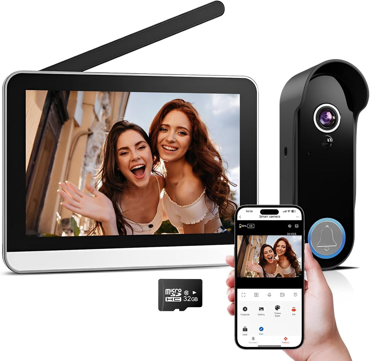 XPJ Monitor, Schwarz/Weiß, Kabellose Türglocke Kamera mit 7' Bildschirm Smart Video, Nachtsicht, Bewegungserkennung
