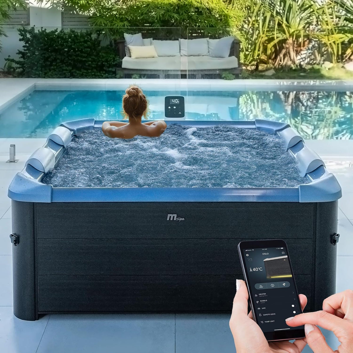 Miweba Badewannen mit Sprudelfunktion, 160x160 cm, Blau/Schwarz, MSpa Whirlpool Outdoor, Frame Oslo Sapphire mit Fester Außenwand - Pool mit App