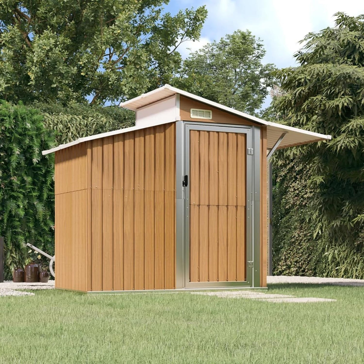 Gerätehaus LAPOOH, 270x130x208,5 cm, Verzinkter Stahl, PC-Platte, Braun/Silber