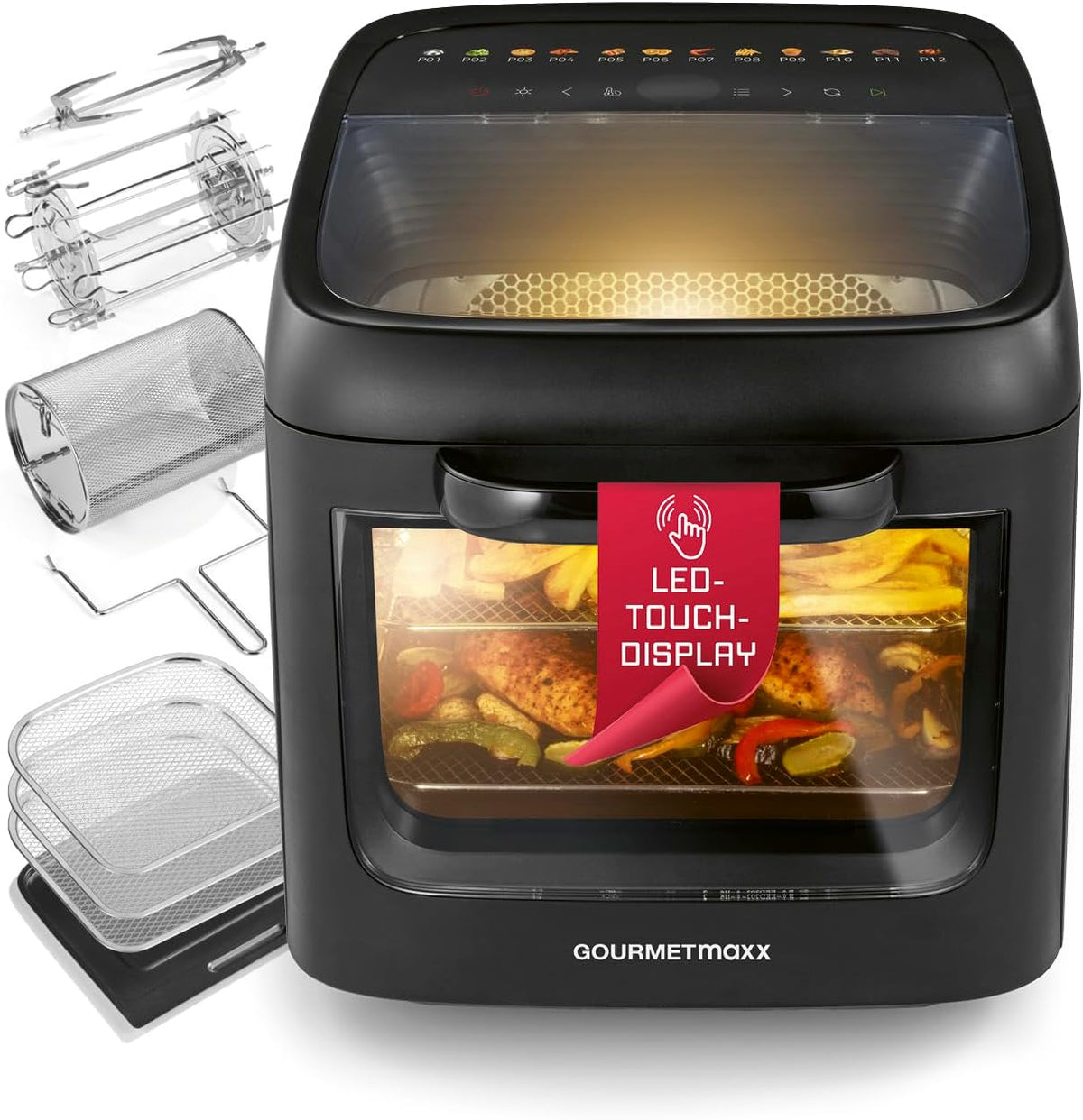 GOURMETmaxx Backofen, 12,5 L, Schwarz, Heißluftofen mit Panoramadach & Frontfenster, Heißluftfritteuse mit 9 Funktionen