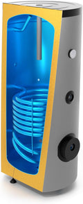 SUNEX Pufferspeicher, 150 L, 1 W, Grau/Blau/Gelb, ® Warmwasserspeicher mit ärmetauscher, emailliert, Magnesiumanode