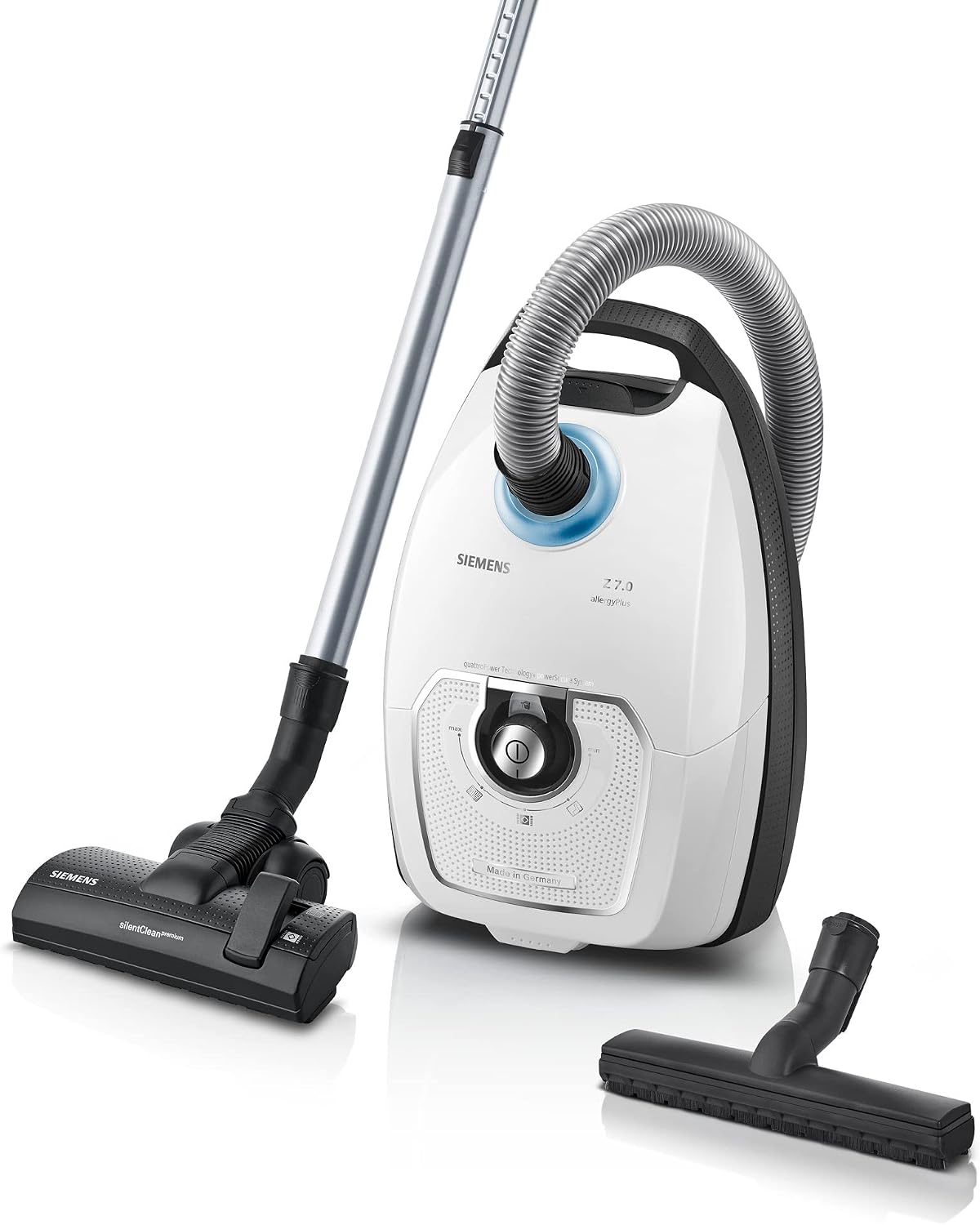SIEMENS Staubsauger, 650 W, Weiß/Schwarz, mit Beutel Z 7.0 VSZ7442S, Hygiene-Filter Plus, extrem leise, Bodendüse für Parkett
