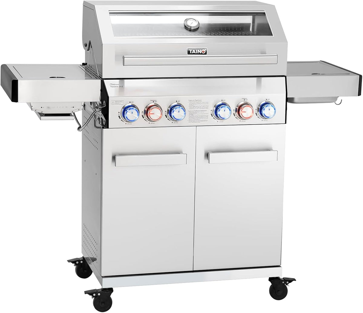 TAINO Gasgrill, Silber, PLATINUM YAMARA 4+2 Edelstahl 4 Brenner Keramik Sear-Burner