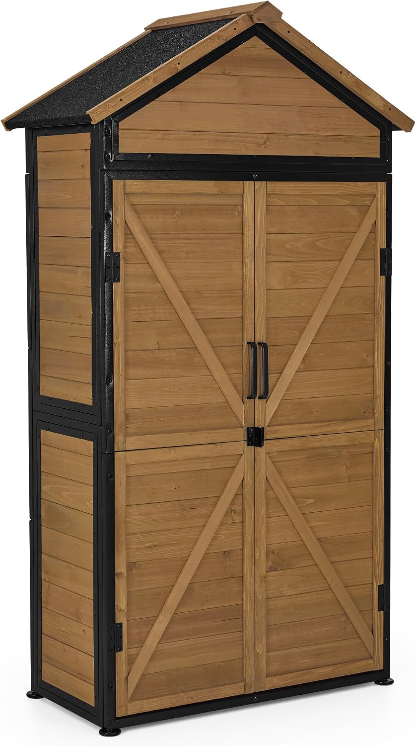 M MCombo Gerätehaus, 45×90×165 cm, Braun/Schwarz, Gartenschrank Gartenhaus Holz Metgallgestell Wetterfest, Outdoor